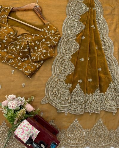 Designer Fendi Chiffon Saree with Thread & Sequin Embroidery