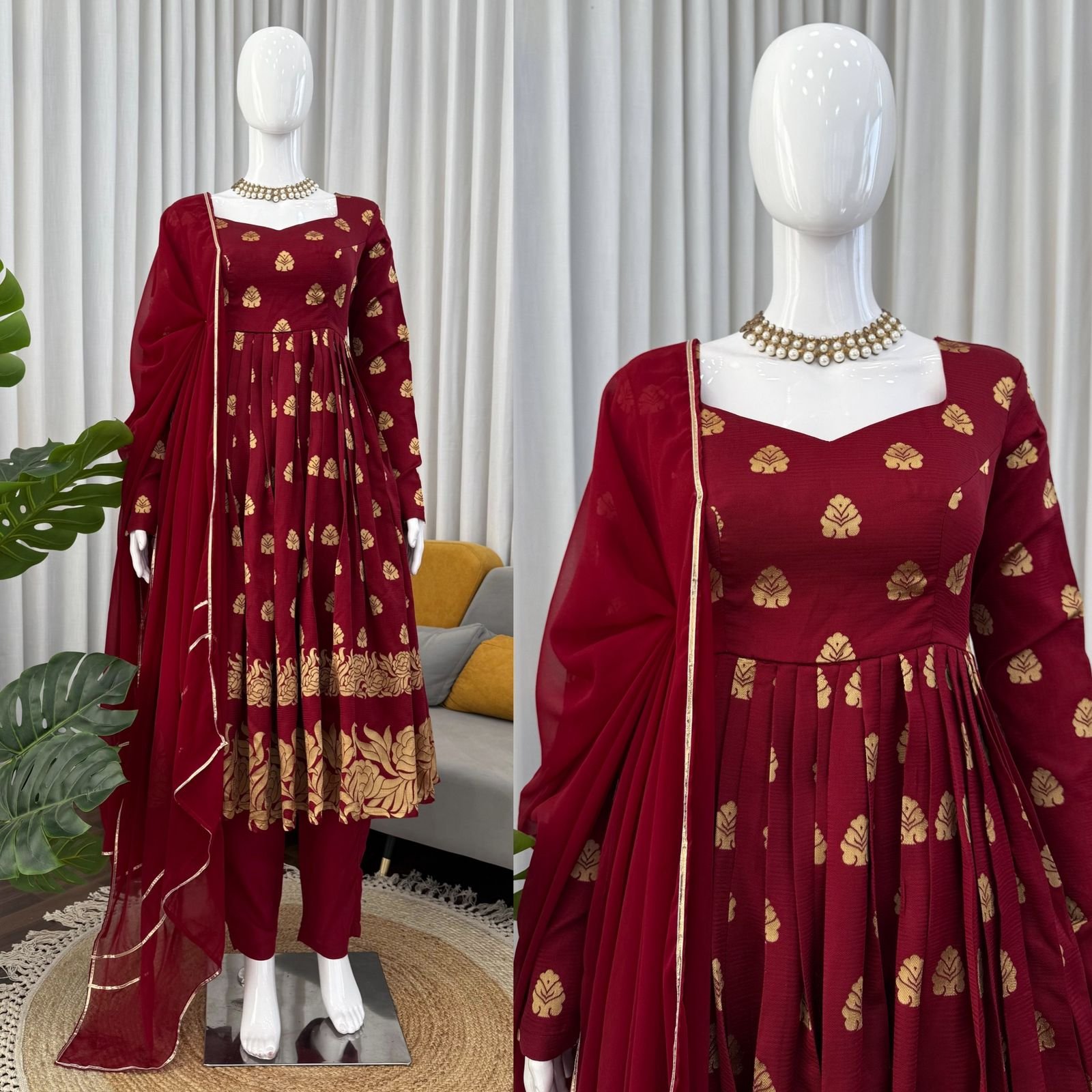 Jequard Anarkali 3Pc Set with Dupatta & Pant | Elegant Weaving Work | Fully Stitched - Image 2