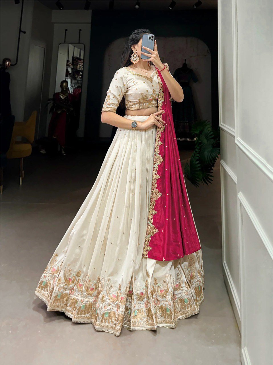 Embellished Semi-Stitched Chinon Lehenga Choli with Dupatta – White – F-Barati Lehenga - Image 6