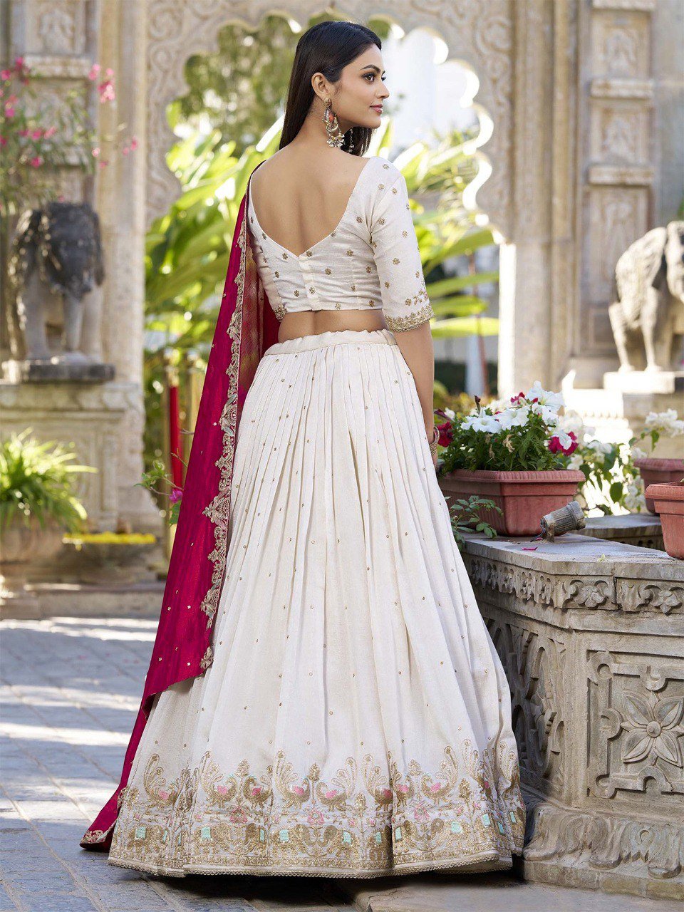Embellished Semi-Stitched Chinon Lehenga Choli with Dupatta – White – F-Barati Lehenga - Image 4