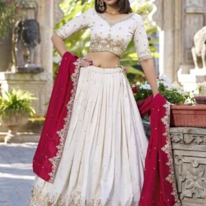Embellished Semi-Stitched Chinon Lehenga Choli with Dupatta – White – F-Barati Lehenga