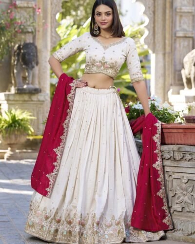 Embellished Semi-Stitched Chinon Lehenga Choli with Dupatta – White – F-Barati Lehenga