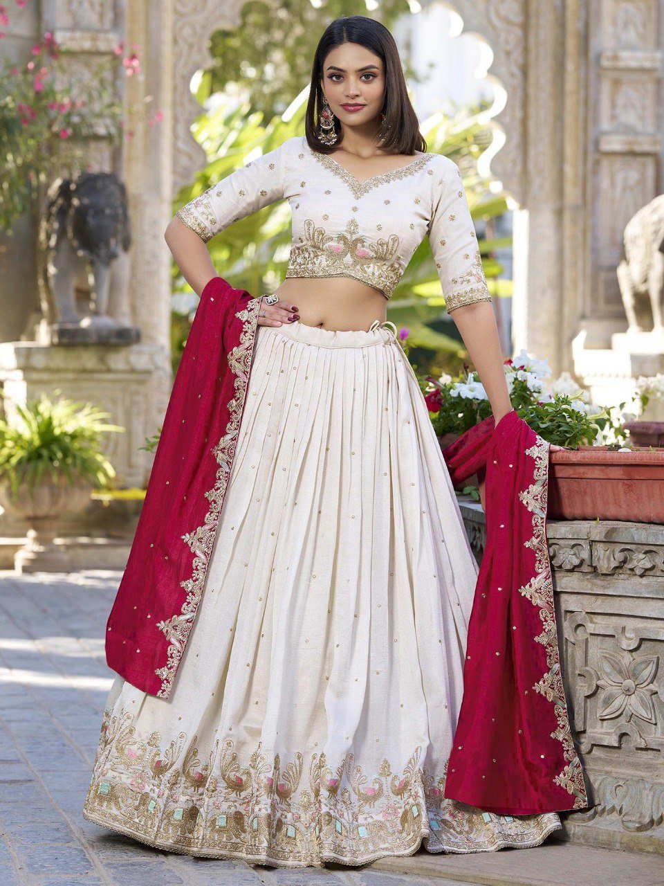 Embellished Semi-Stitched Chinon Lehenga Choli with Dupatta – White – F-Barati Lehenga