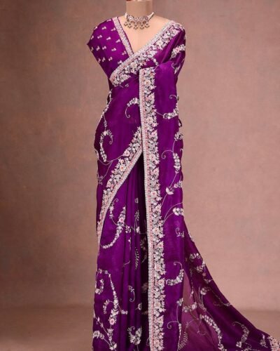 Premium Designer Saree in Jimmy Cho Fabric | Heavy Embroidery & Sequins | Unstitched Blouse