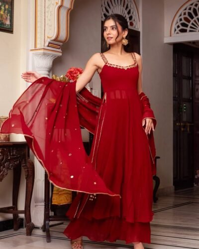 Faux Georgette Mirror Work Top-Plazzo Set with Dupatta – Real Hand Mirror Detailing