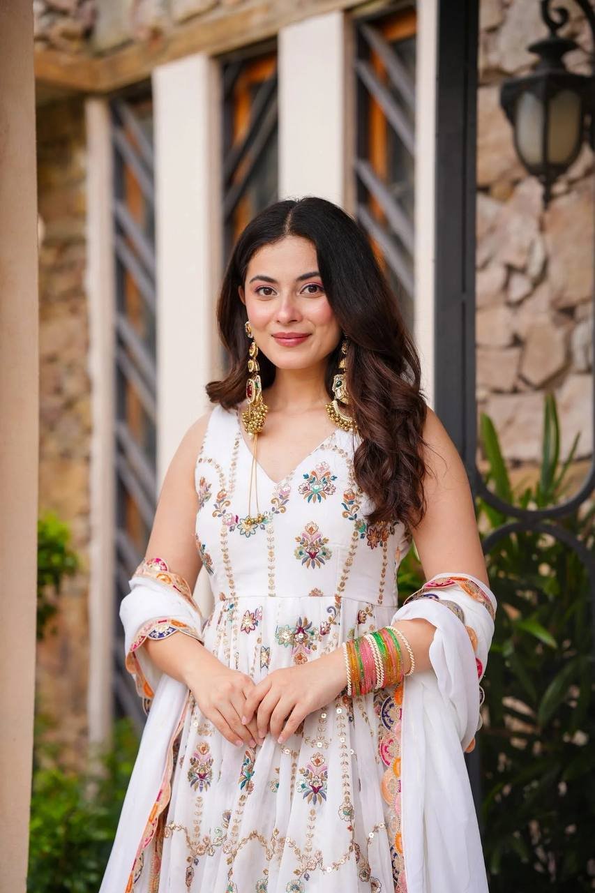 Faux Georgette 3-Piece Co-Ord Set with Sequin Embroidery & Lace Dupatta