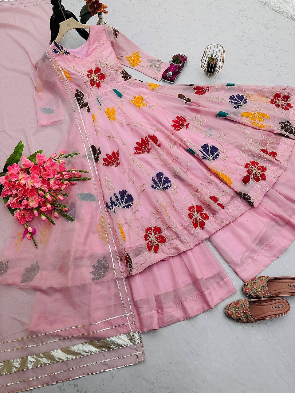 Designer Star Georgette Gown & Sharara with Dupatta | Multi-Colour Embroidery & Sequins - Image 6