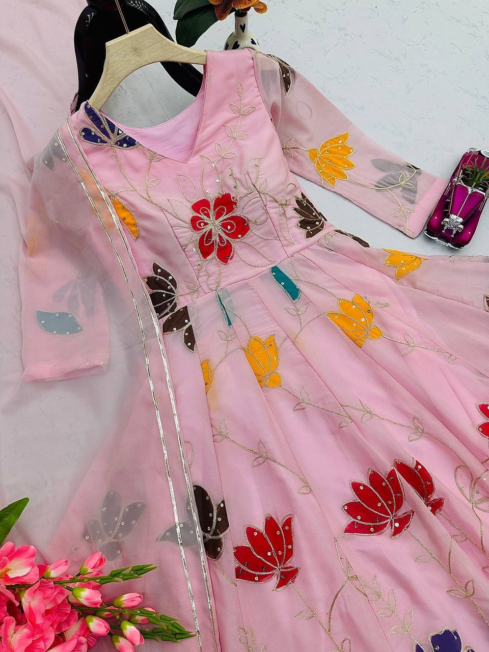 Designer Star Georgette Gown & Sharara with Dupatta | Multi-Colour Embroidery & Sequins - Image 7