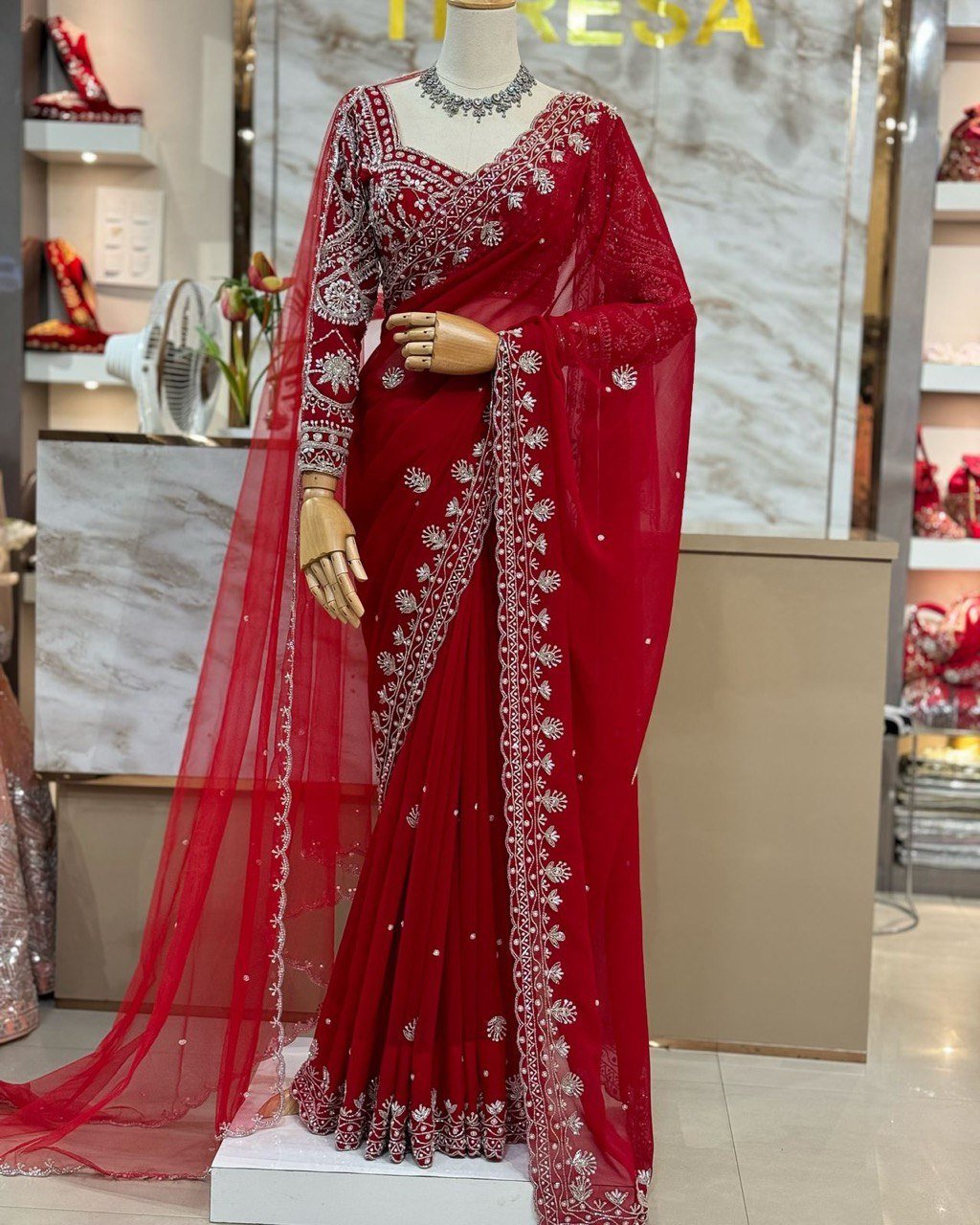 Designer Faux Georgette Saree with Pearl & Sequin Work - Image 2