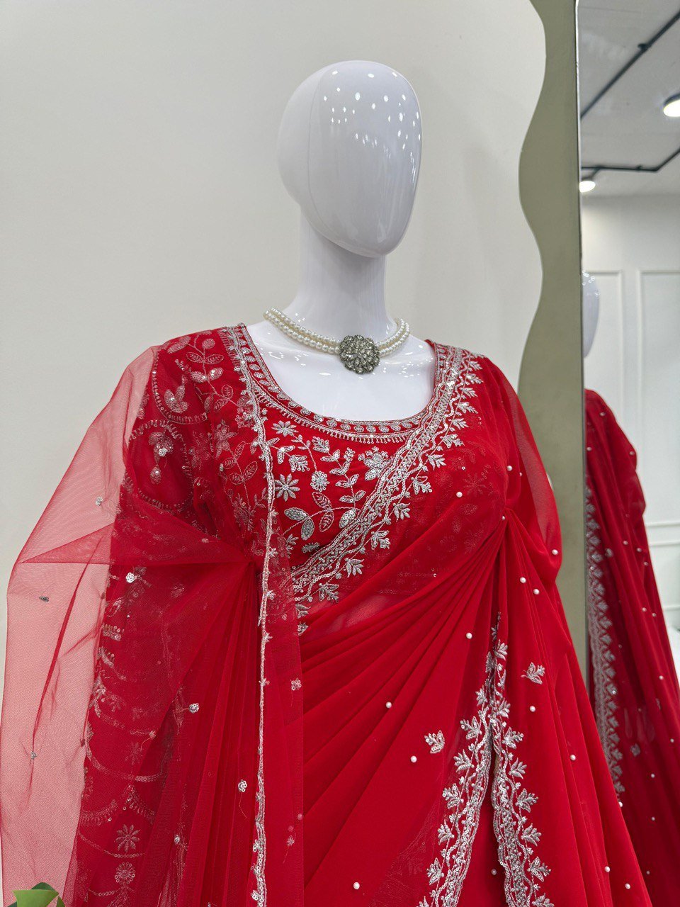 Designer Faux Georgette Saree with Pearl & Sequin Work - Image 4