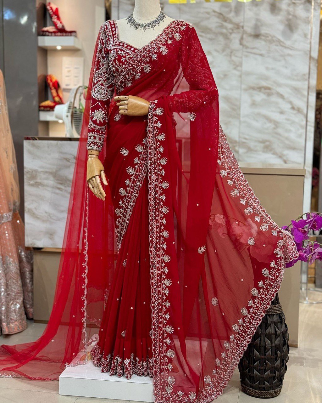 Designer Faux Georgette Saree with Pearl & Sequin Work - Image 8