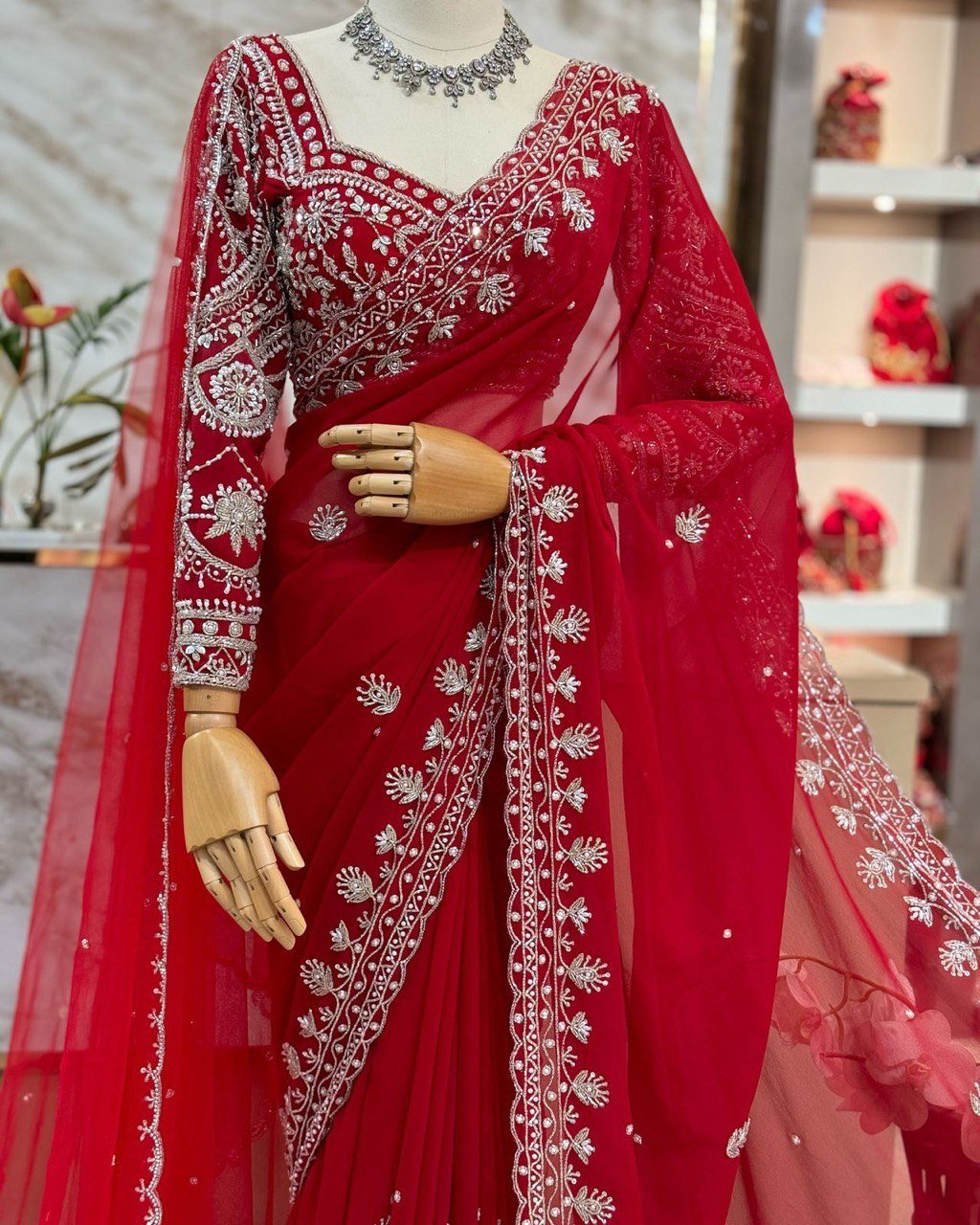 Designer Faux Georgette Saree with Pearl & Sequin Work - Image 6