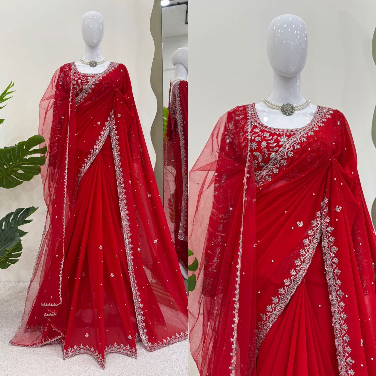Designer Faux Georgette Saree with Pearl & Sequin Work - Image 9