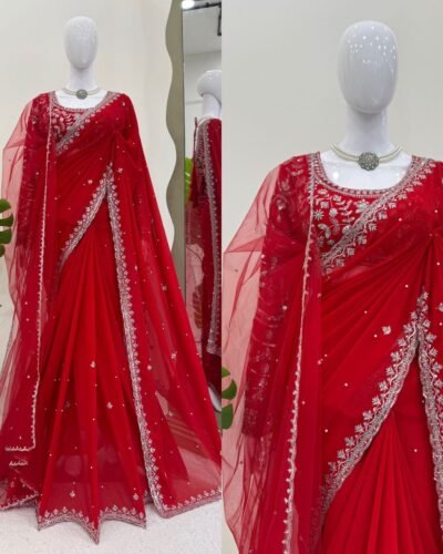 Designer Faux Georgette Saree with Pearl & Sequin Work