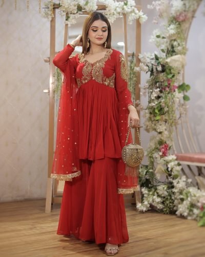 Embroidered Georgette Plazo Set with Dupatta – Fully Stitched