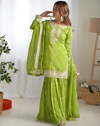 Women’s Pista Green Chinon Embroidered Kurta with Sharara & Dupatta