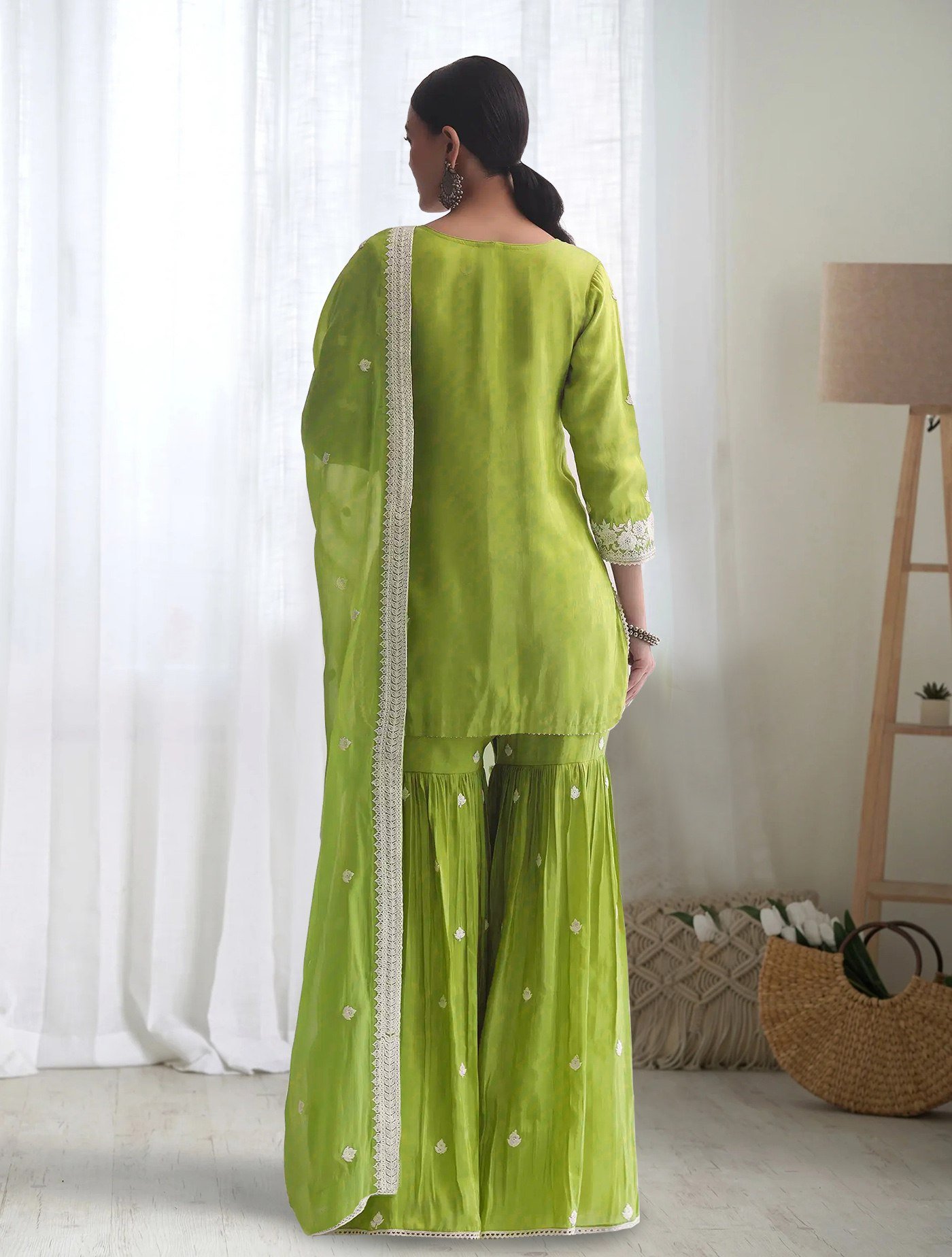 Women’s Pista Green Chinon Embroidered Kurta with Sharara & Dupatta - Image 2