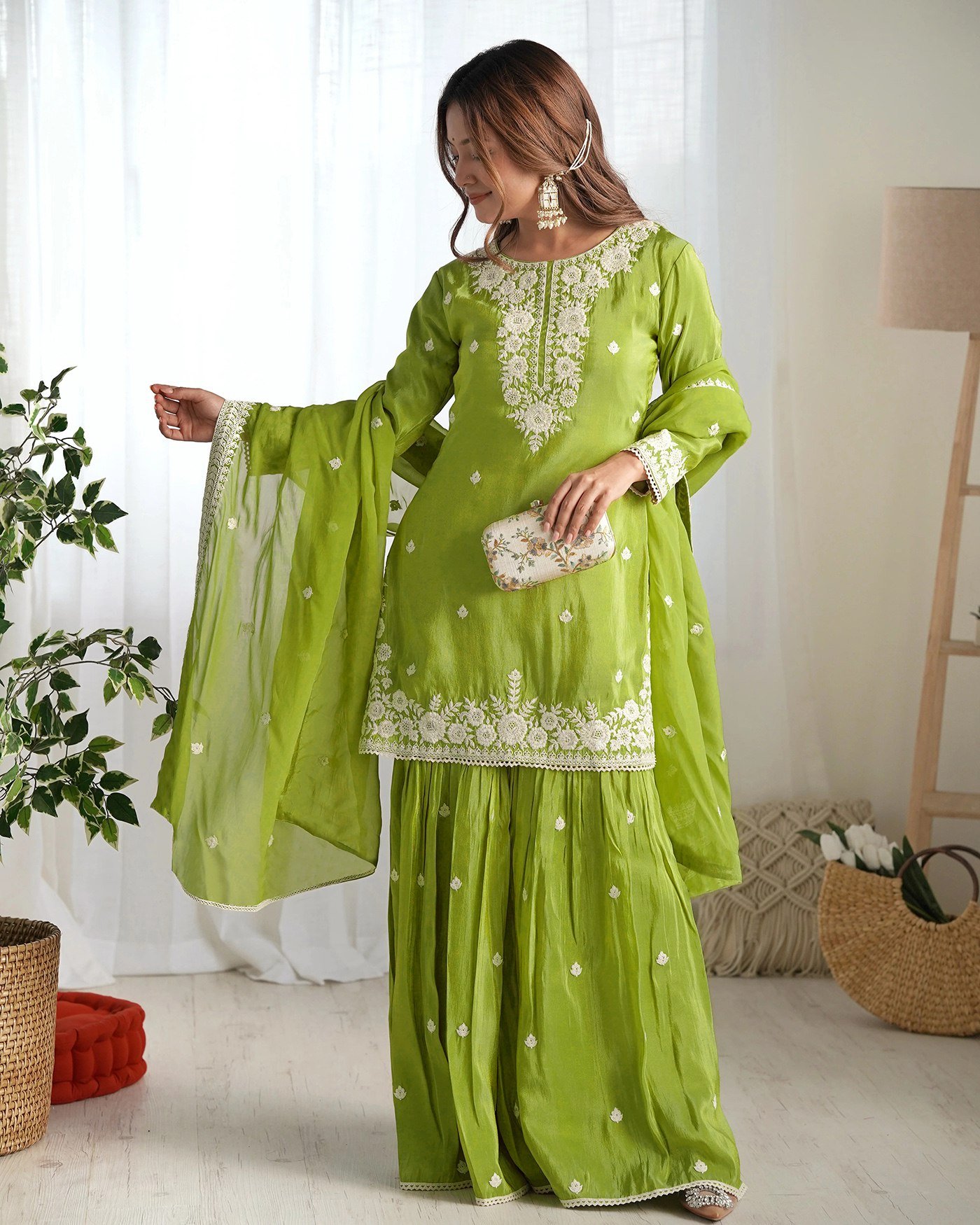Women’s Pista Green Chinon Embroidered Kurta with Sharara & Dupatta - Image 4