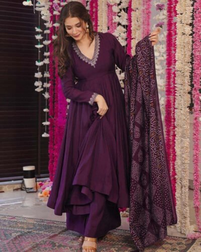 Traditional Purple Anarkali Palazzo Suit for Festive & Wedding Wear