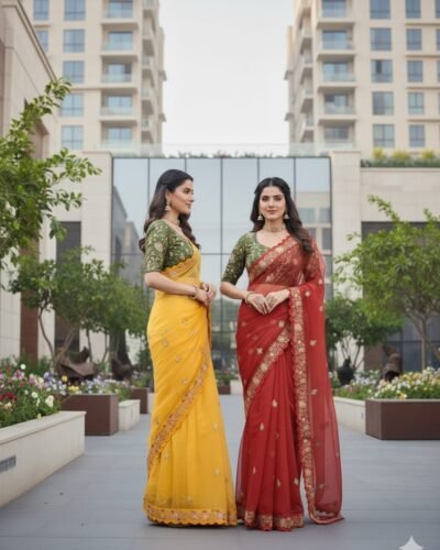 Luxury Organza Silk Saree & Diamond Silk Blouse with Multi-Work Embellishment