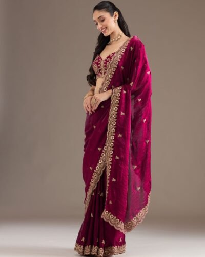 Designer Fendi Satin Saree – Rich Embroidery & Double Sequin Detailing